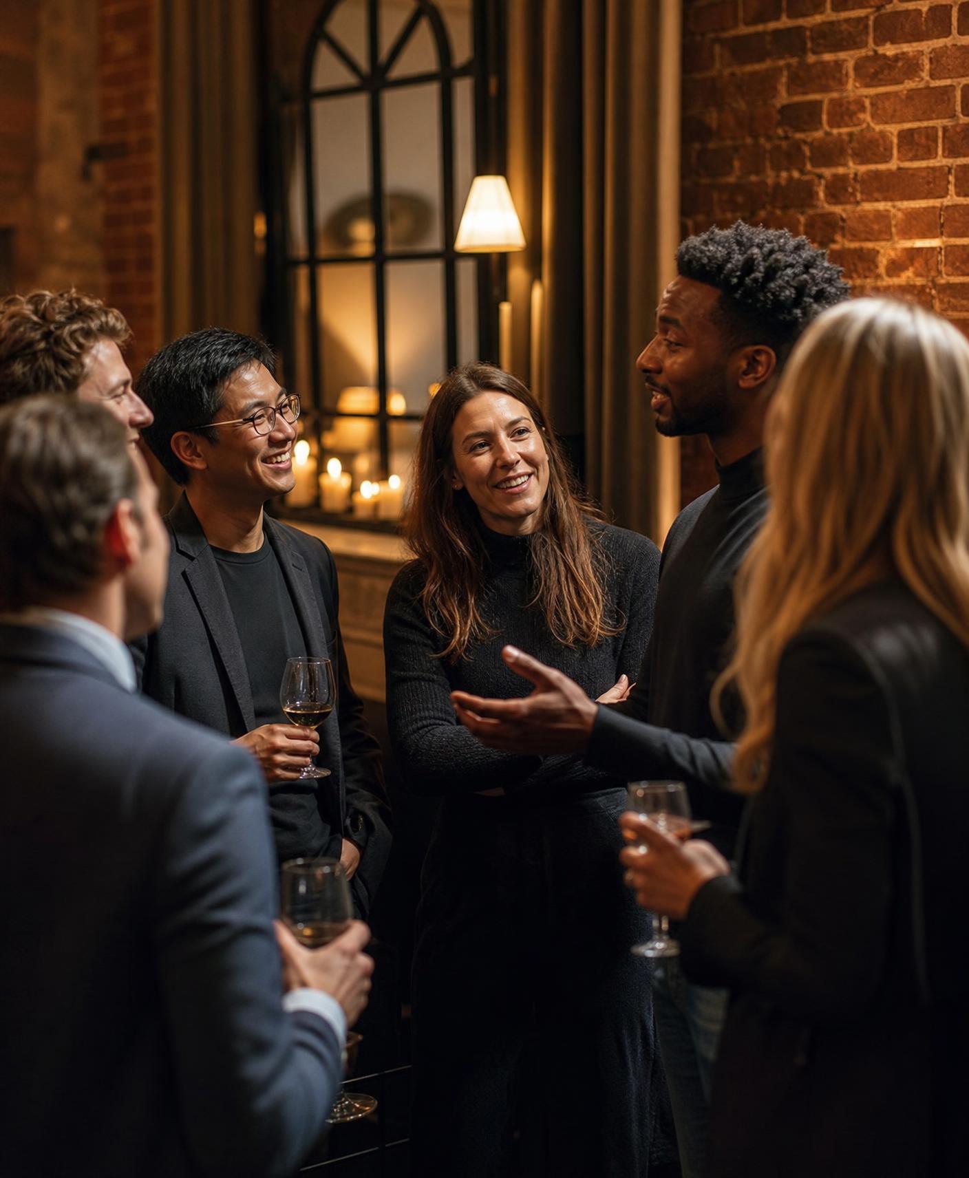 A diverse group of founders and entrepreneurs mingling after an intimate keynote in a warmly lit room